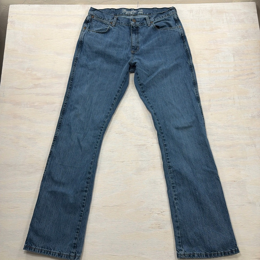 Wrangler Jeans Retro Slim Boot 34x34 Western Denim Medium Wash Blue Mens
